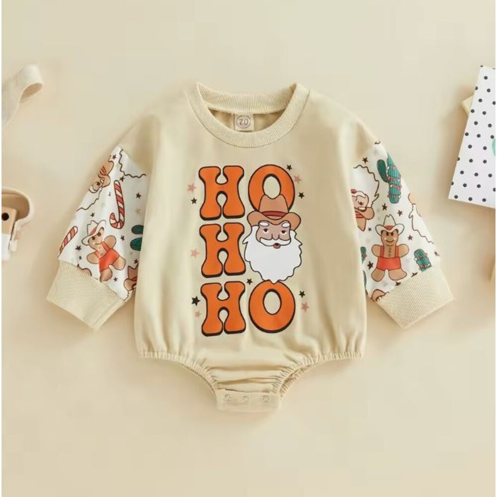 New Boutique Santa Cowboy Christmas Long Sleeve Baby Romper,  9-12M